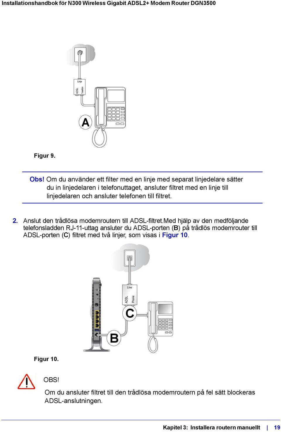 linjedelaren och ansluter telefonen till filtret. 2. Anslut den trådlösa modemroutern till ADSL-filtret.