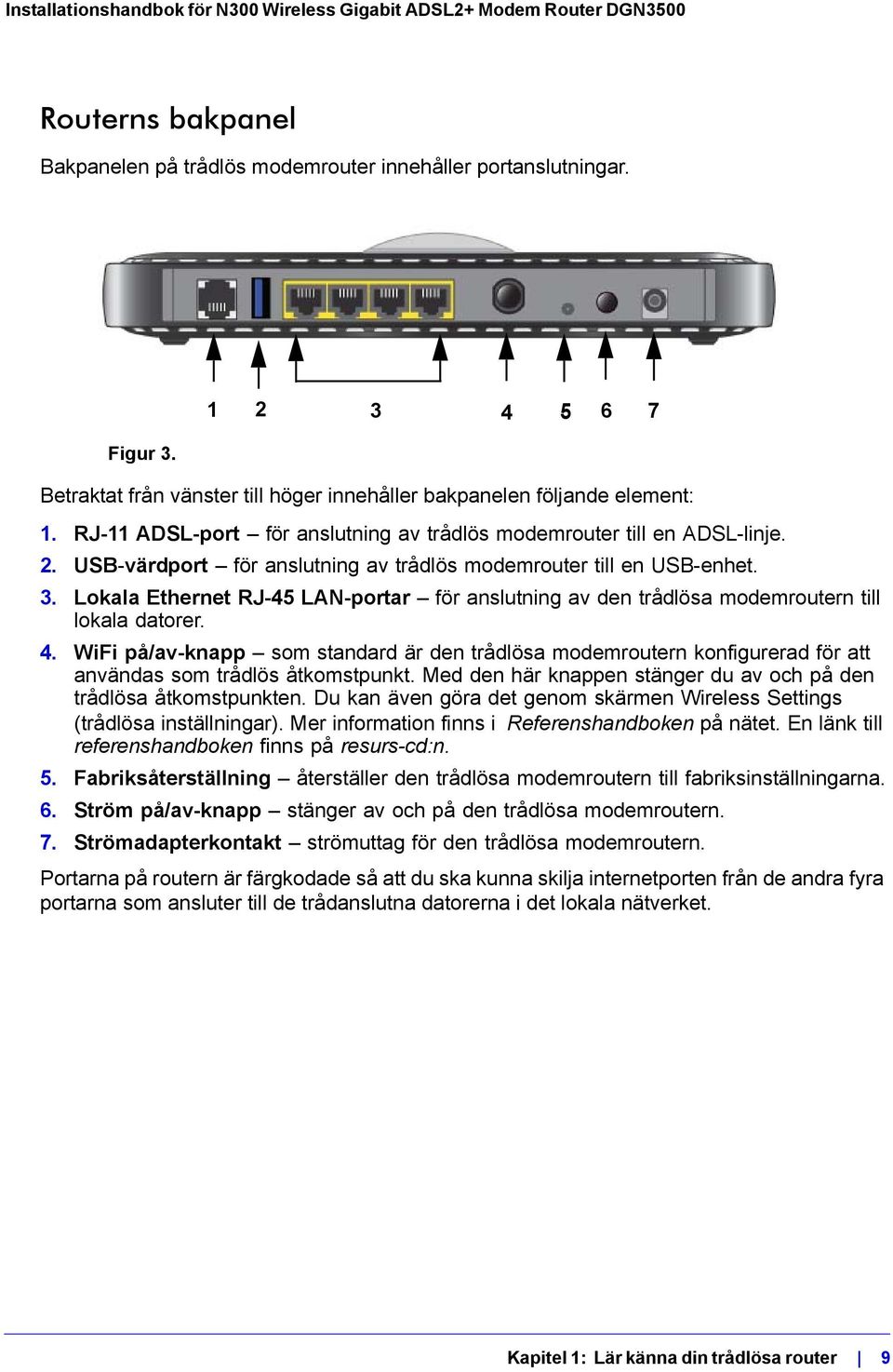 Lokala Ethernet RJ-45 LAN-portar för anslutning av den trådlösa modemroutern till lokala datorer. 4.