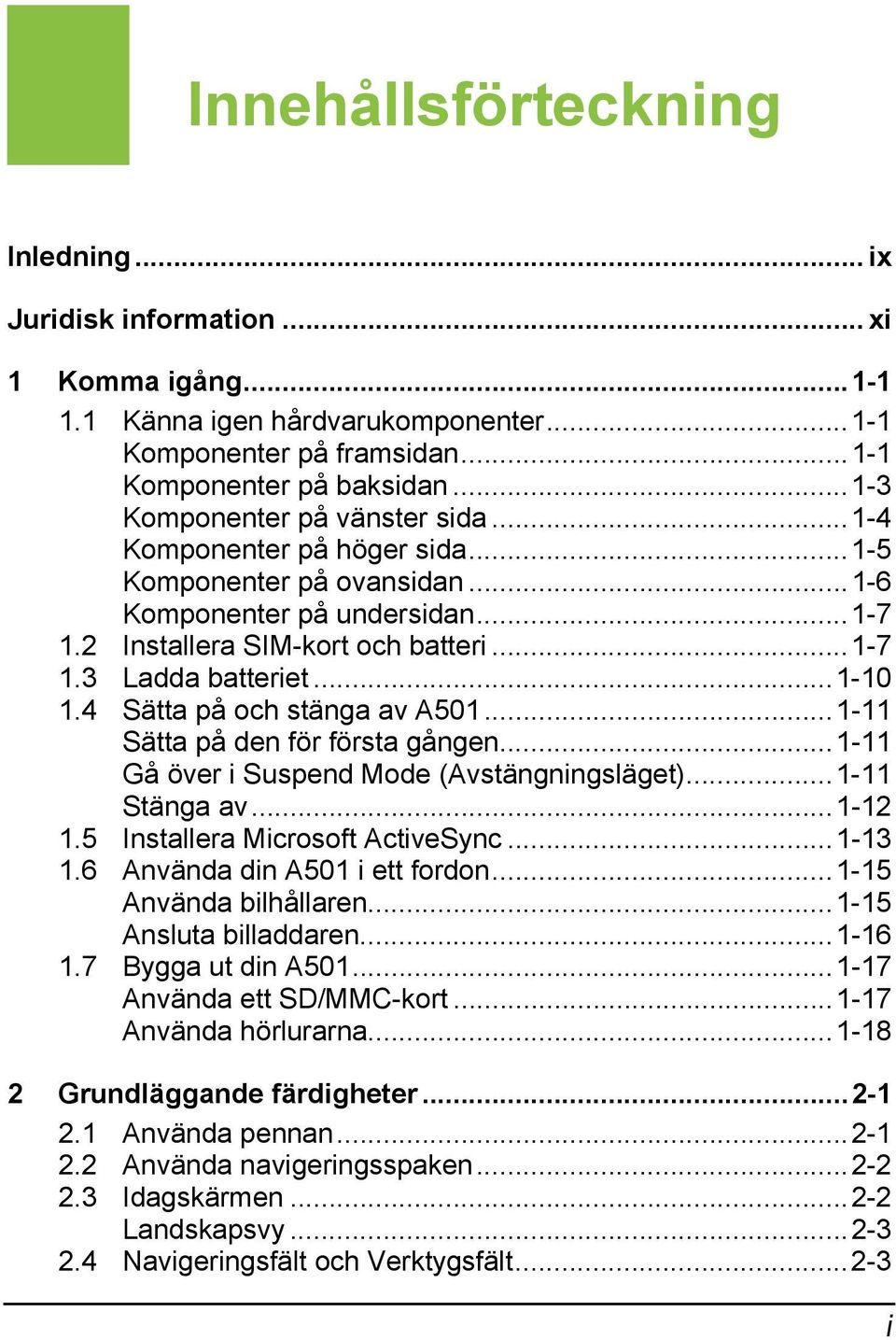 ..1-10 1.4 Sätta på och stänga av A501...1-11 Sätta på den för första gången...1-11 Gå över i Suspend Mode (Avstängningsläget)...1-11 Stänga av...1-12 1.5 Installera Microsoft ActiveSync...1-13 1.