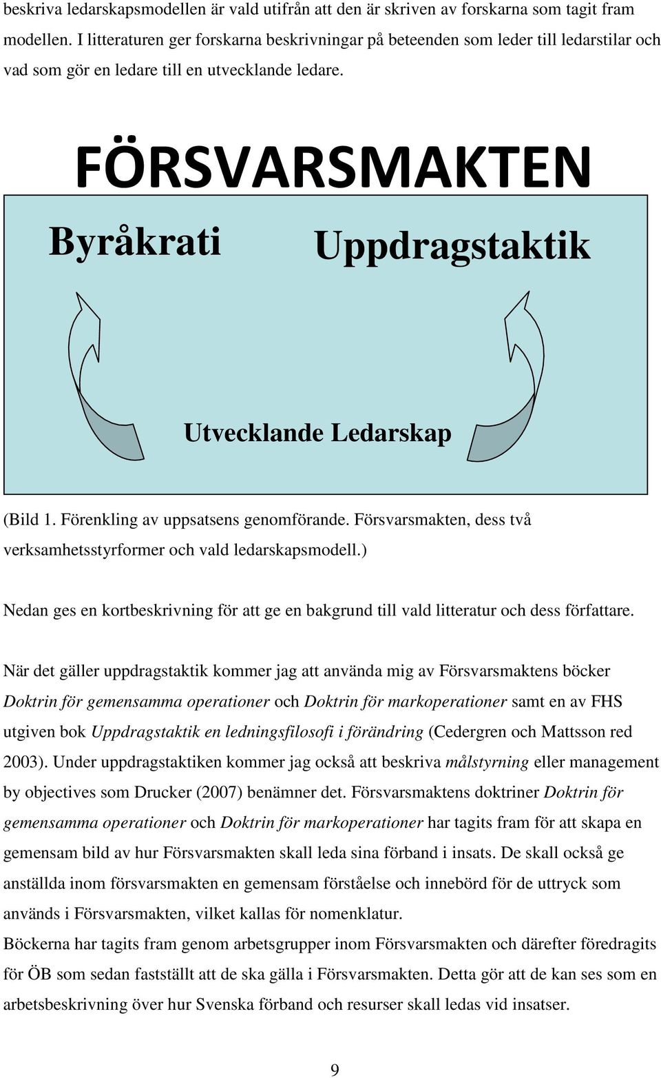 FÖRSVARSMAKTEN Byråkrati Uppdragstaktik Utvecklande Ledarskap (Bild 1. Förenkling av uppsatsens genomförande. Försvarsmakten, dess två verksamhetsstyrformer och vald ledarskapsmodell.