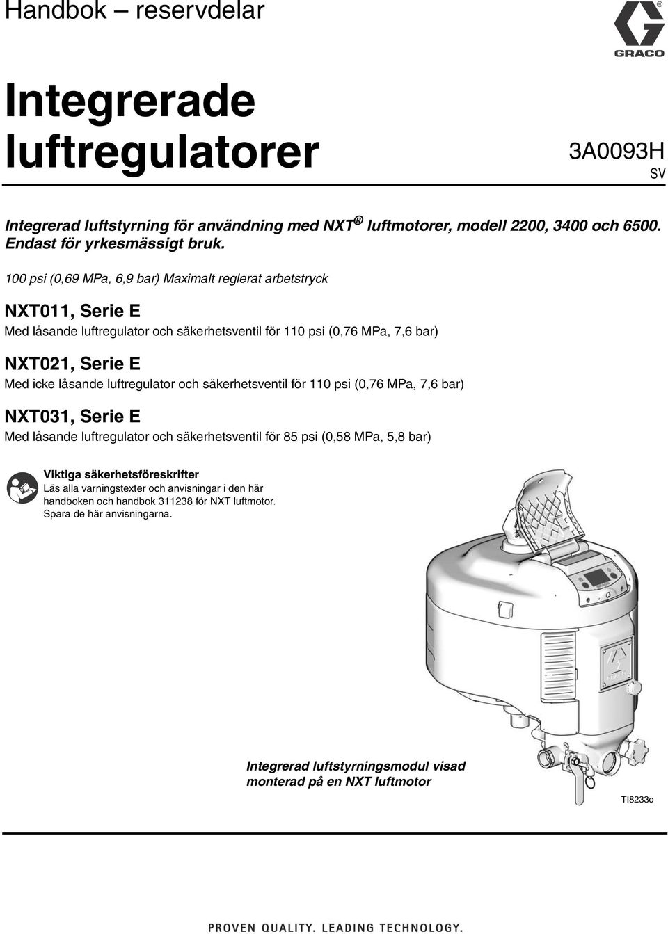 luftregulator och säkerhetsventil för 110 psi (0,76 MPa, 7,6 bar) NXT031, Serie E Med låsande luftregulator och säkerhetsventil för 85 psi (0,58 MPa, 5,8 bar) Viktiga