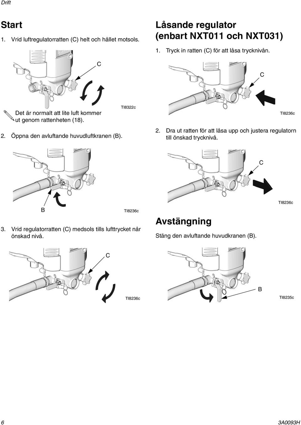 Öppna den avluftande huvudluftkranen (B). TI8322c TI8236c 2.