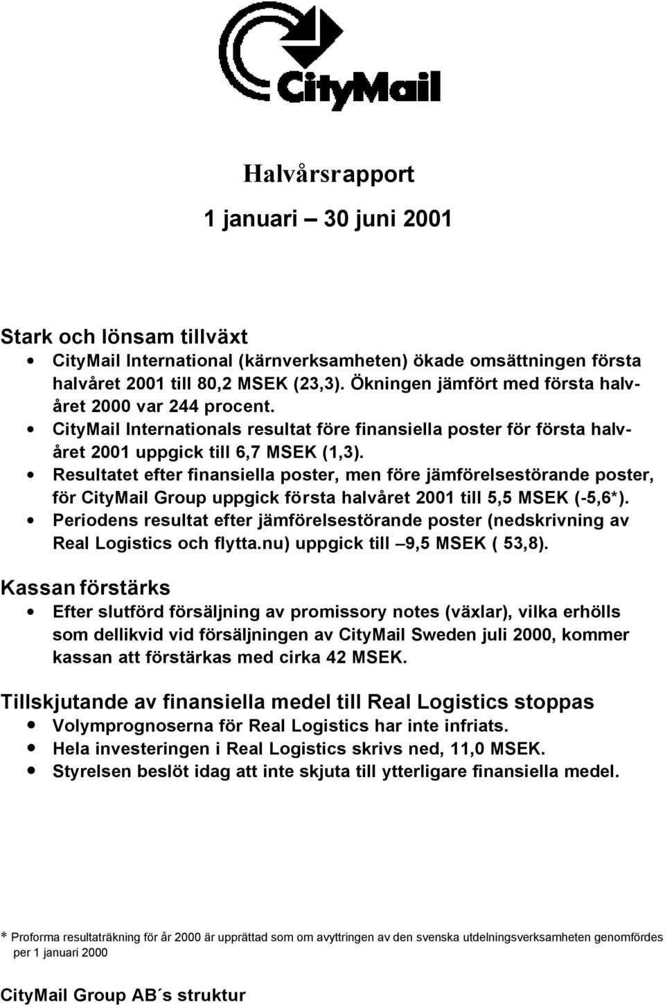 Resultatet efter finansiella poster, men före jämförelsestörande poster, för CityMail Group uppgick första halvåret 2001 till 5,5 MSEK (-5,6*).