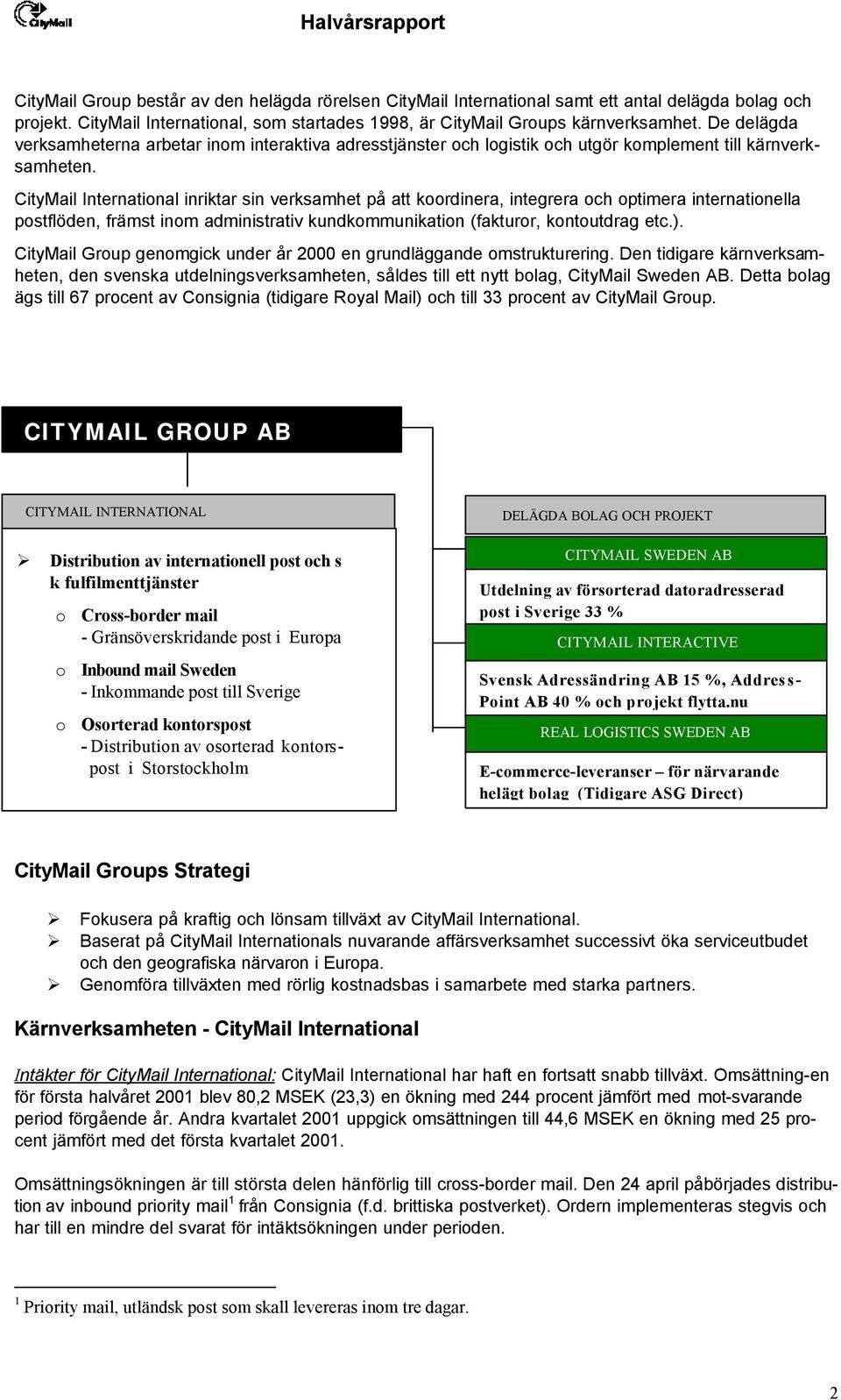 CityMail International inriktar sin verksamhet på att koordinera, integrera och optimera internationella postflöden, främst inom administrativ kundkommunikation (fakturor, kontoutdrag etc.).