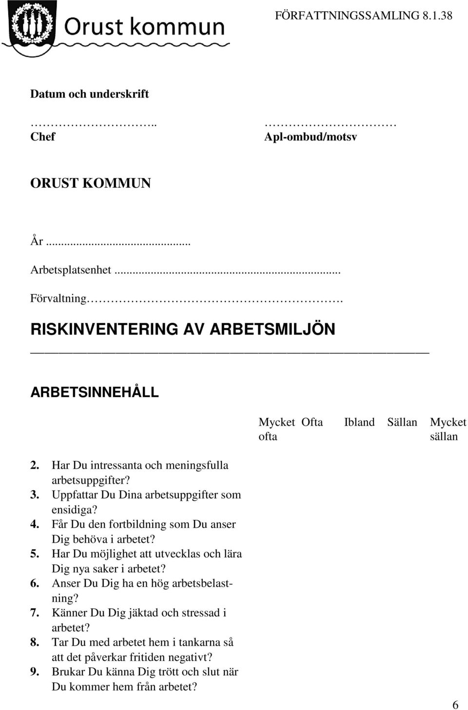 Uppfattar Du Dina arbetsuppgifter som ensidiga? 4. Får Du den fortbildning som Du anser Dig behöva i arbetet? 5.