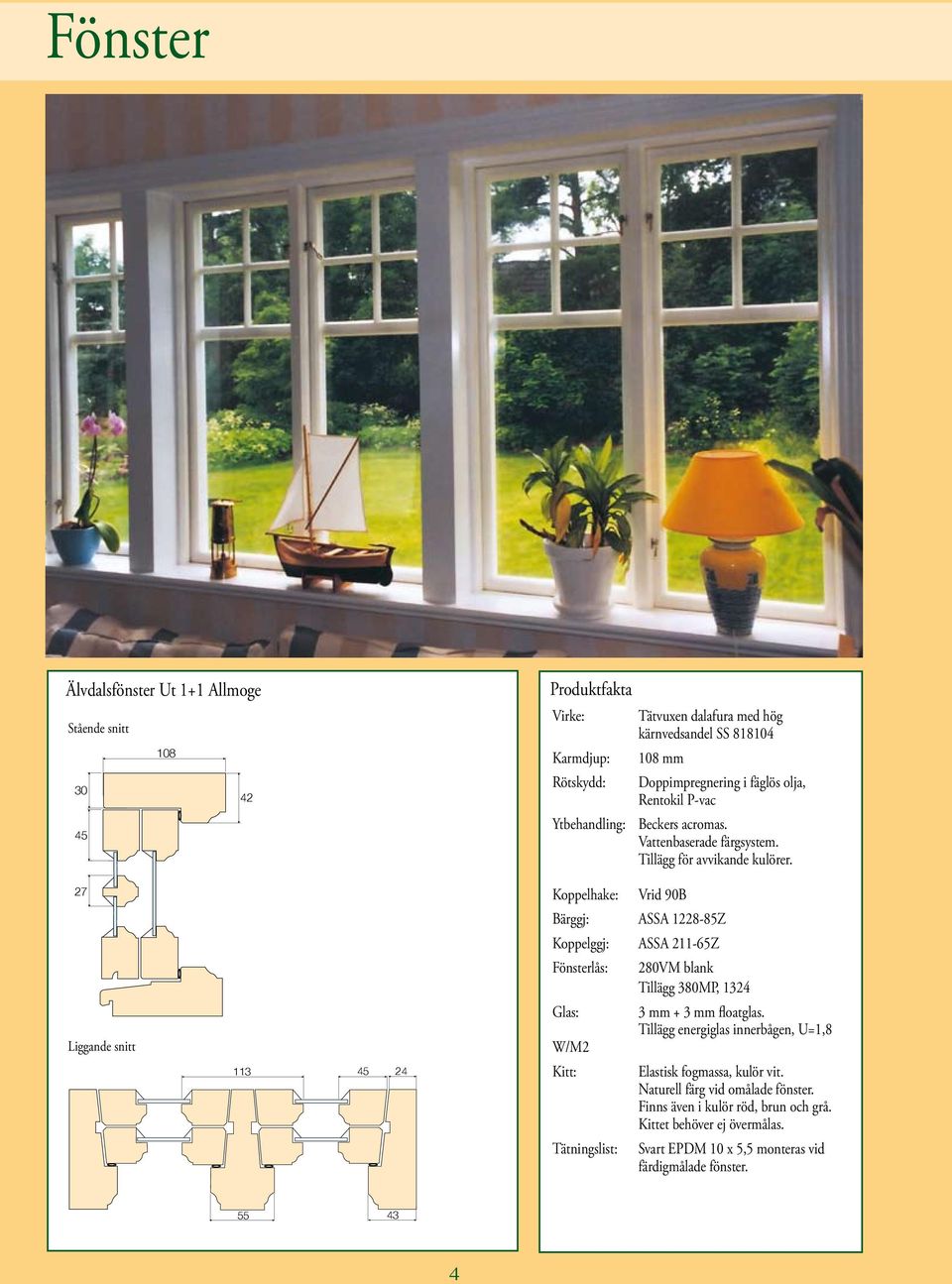 27 Liggande snitt 113 45 24 Koppelhake: Vrid 90B Bärggj: ASSA 1228-85Z Koppelggj: ASSA 211-65Z Fönsterlås: 280VM blank Tillägg 380MP, 1324 Glas: 3 mm + 3 mm floatglas.