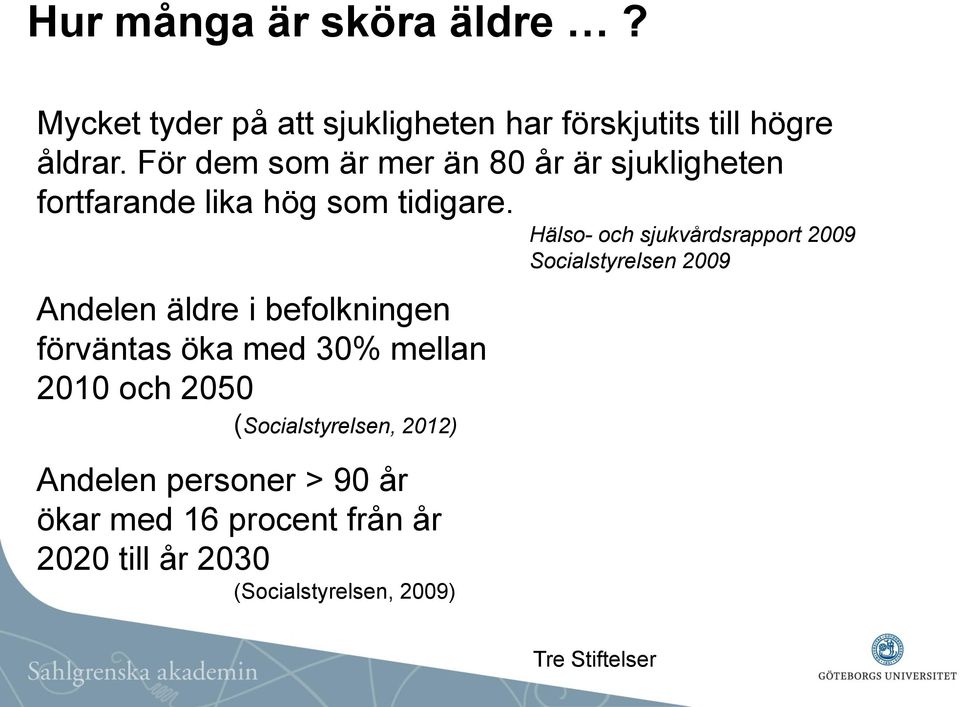 Hälso- och sjukvårdsrapport 2009 Socialstyrelsen 2009 Andelen äldre i befolkningen förväntas öka med 30%