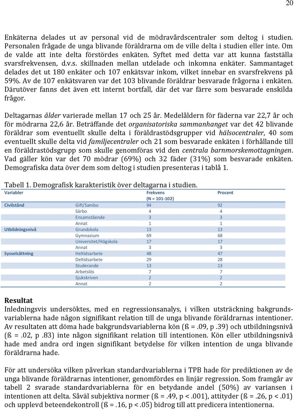 Sammantaget delades det ut 180 enkäter och 107 enkätsvar inkom, vilket innebar en svarsfrekvens på 59%. Av de 107 enkätsvaren var det 103 blivande föräldrar besvarade frågorna i enkäten.