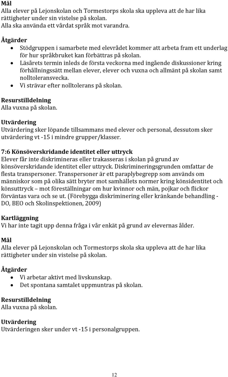 Läsårets termin inleds de första veckorna med ingående diskussioner kring förhållningssätt mellan elever, elever och vuxna och allmänt på skolan samt nolltoleransvecka.