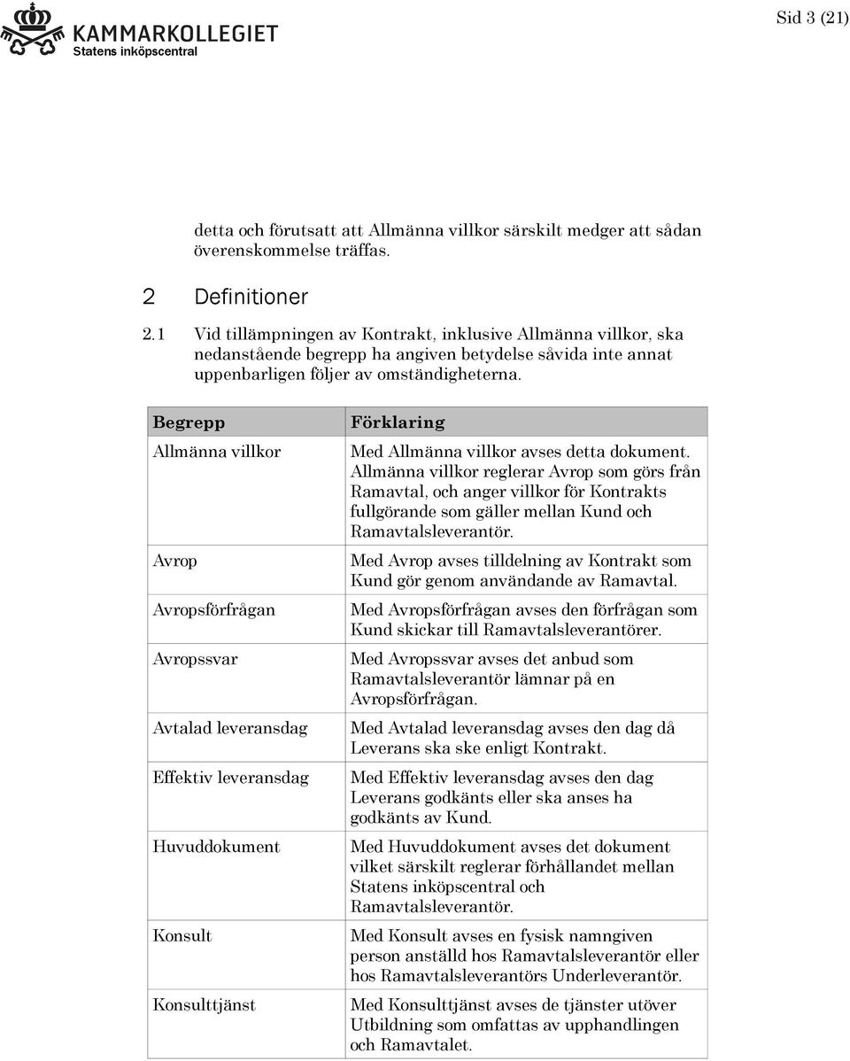 Begrepp Allmänna villkor Avrop Avropsförfrågan Avropssvar Avtalad leveransdag Effektiv leveransdag Huvuddokument Konsult Konsulttjänst Förklaring Med Allmänna villkor avses detta dokument.