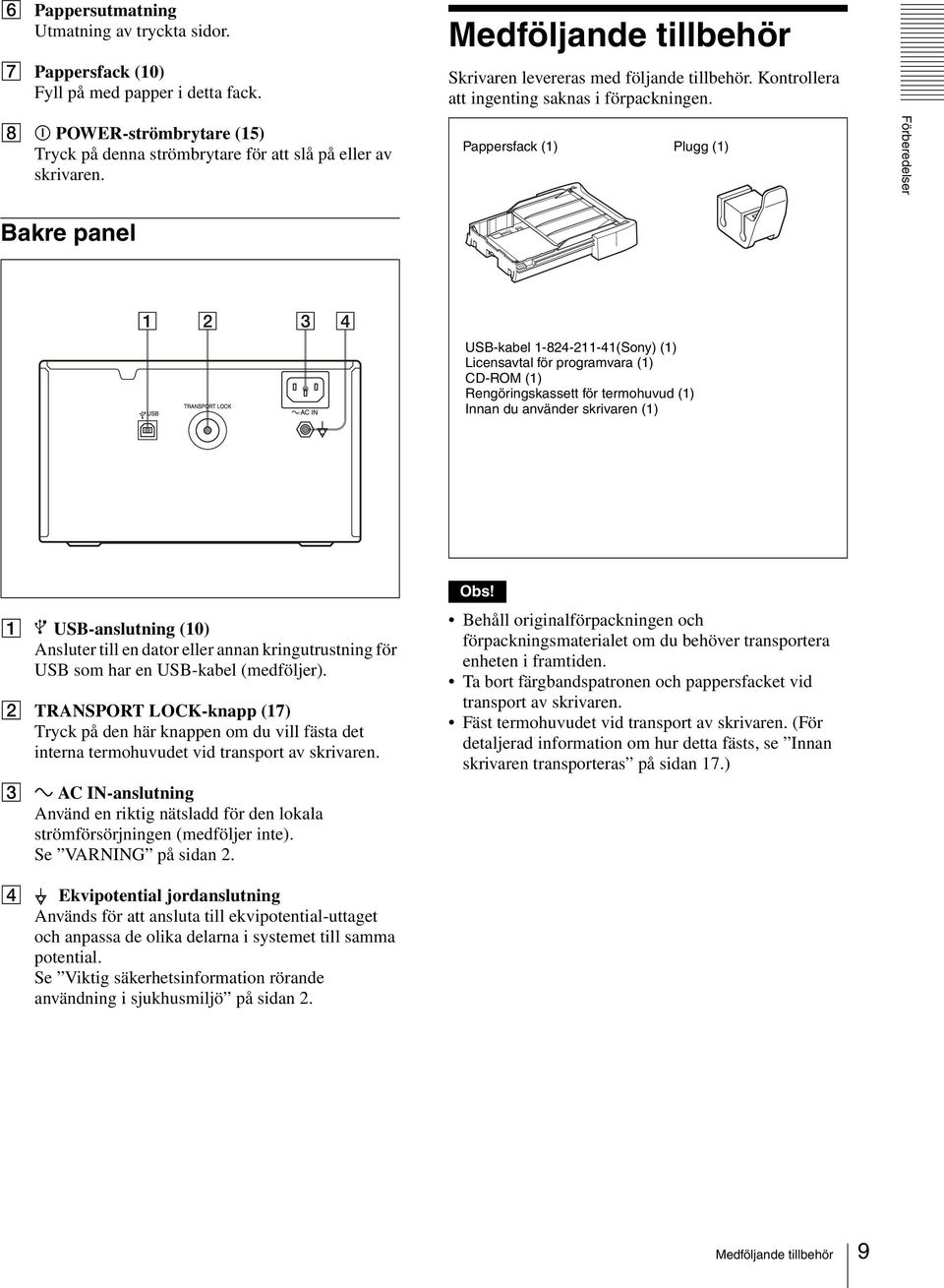 Pappersfack (1) Plugg (1) Förberedelser Bakre panel USB-kabel 1-824-211-41(Sony) (1) Licensavtal för programvara (1) CD-ROM (1) Rengöringskassett för termohuvud (1) Innan du använder skrivaren (1) A