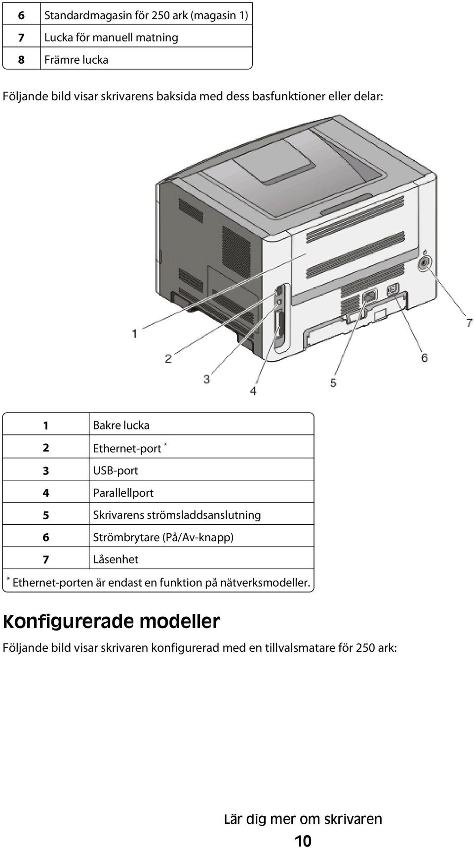 strömsladdsanslutning 6 Strömbrytare (På/Av-knapp) 7 Låsenhet * Ethernet-porten är endast en funktion på