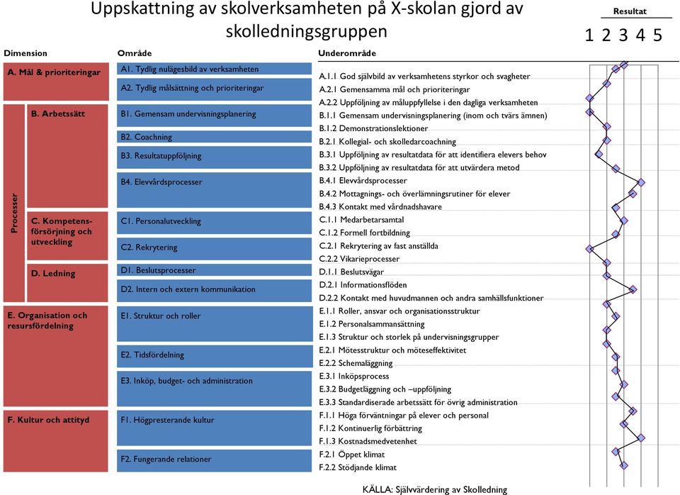 Gemensam undervisningsplanering B2. Coachning B3. Resultatuppföljning B4. Elevvårdsprocesser C1. Personalutveckling C2. Rekrytering D1. Beslutsprocesser D2. Intern och extern kommunikation E1.