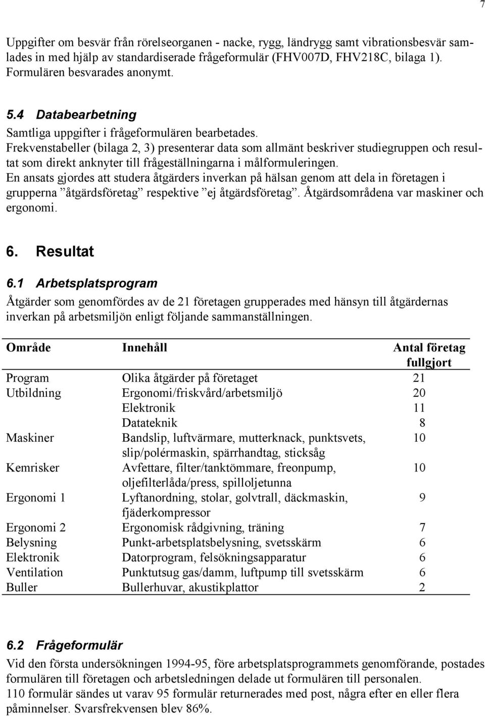 Frekvenstabeller (bilaga 2, 3) presenterar data som allmänt beskriver studiegruppen och resultat som direkt anknyter till frågeställningarna i målformuleringen.