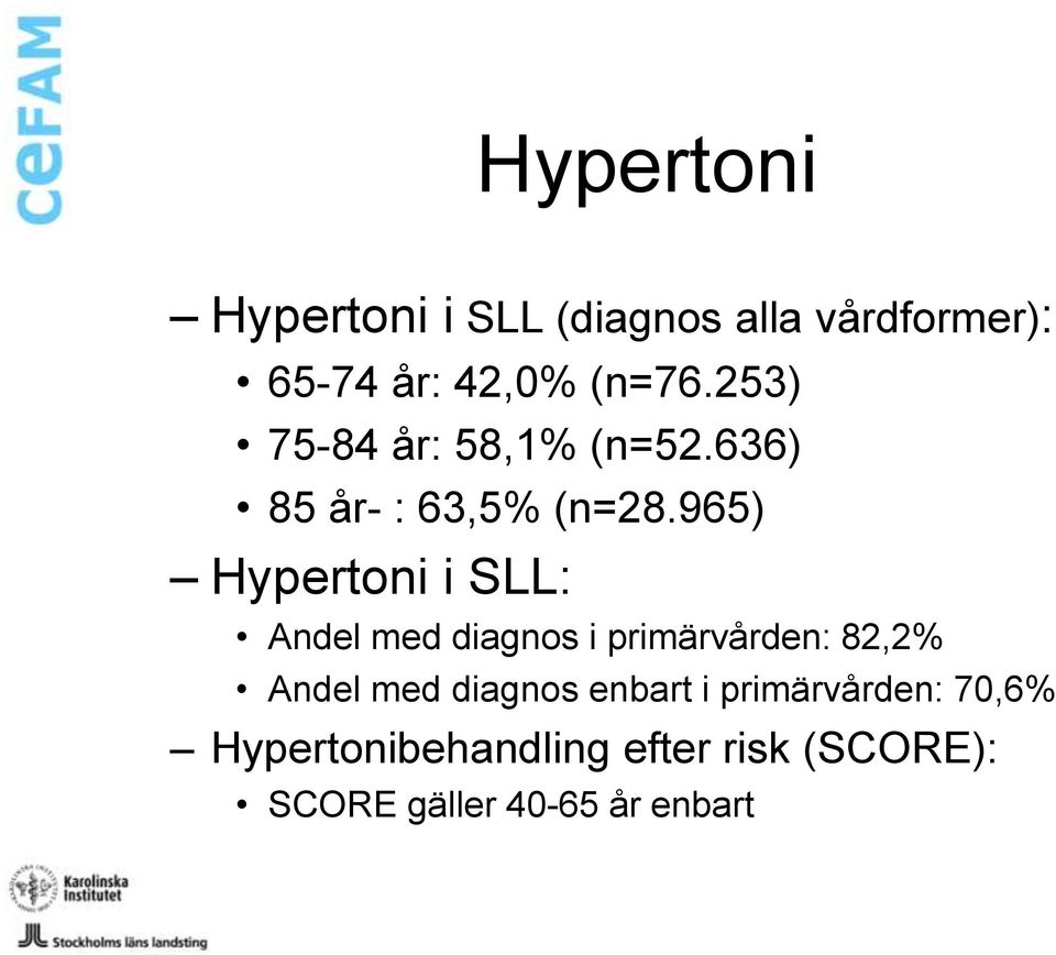 965) Hypertoni i SLL: Andel med diagnos i primärvården: 82,2% Andel med