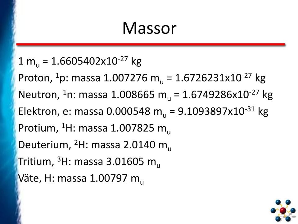 6749286x10-27 kg Elektron, e: massa 0.000548 m u = 9.