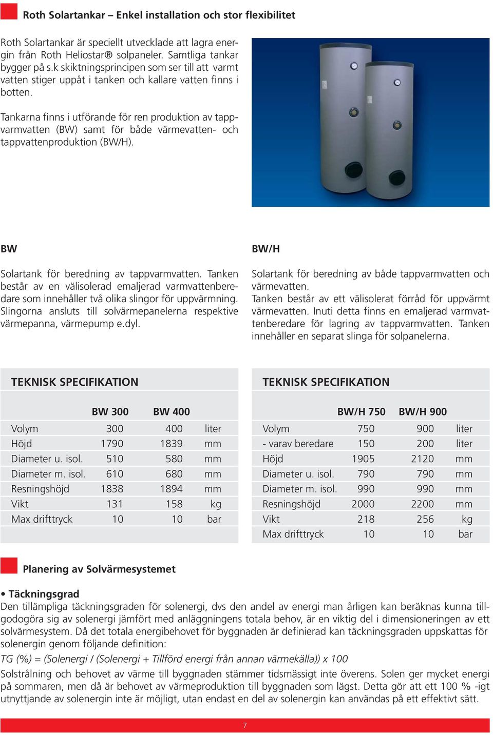 Tankarna finns i utförande för ren produktion av tappvarmvatten (BW) samt för både värmevatten- och tappvattenproduktion (BW/H). BW Solartank för beredning av tappvarmvatten.