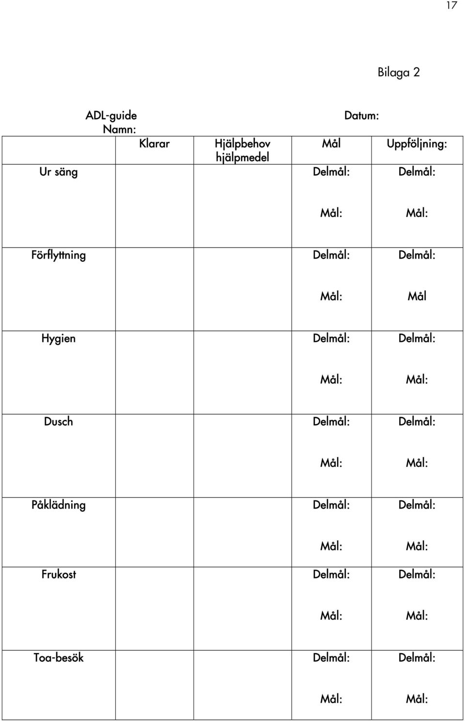 Datum: Uppföljning: Förflyttning Mål