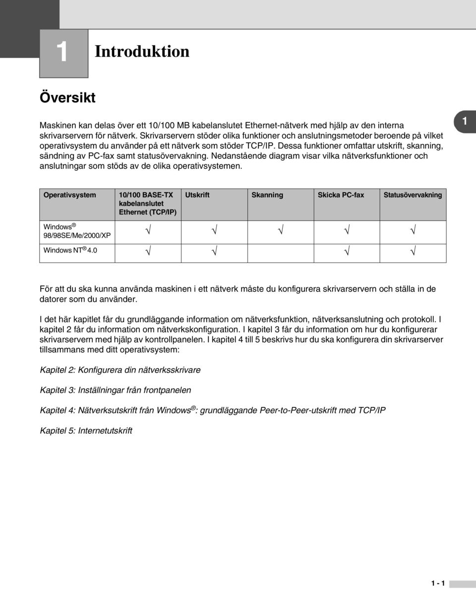 Dessa funktioner omfattar utskrift, skanning, sändning av PC-fax samt statusövervakning. Nedanstående diagram visar vilka nätverksfunktioner och anslutningar som stöds av de olika operativsystemen.