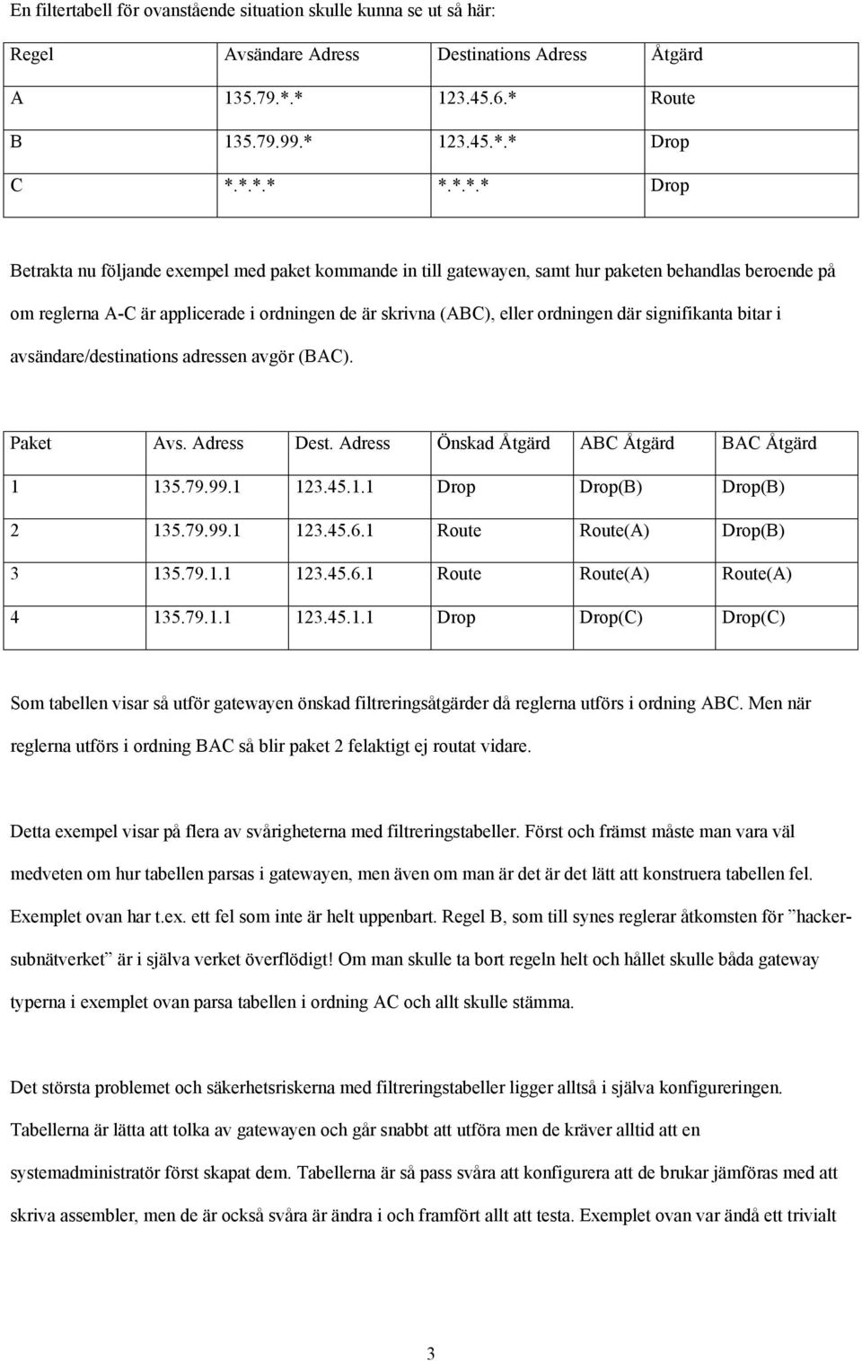 applicerade i ordningen de är skrivna (ABC), eller ordningen där signifikanta bitar i avsändare/destinations adressen avgör (BAC). Paket Avs. Adress Dest.