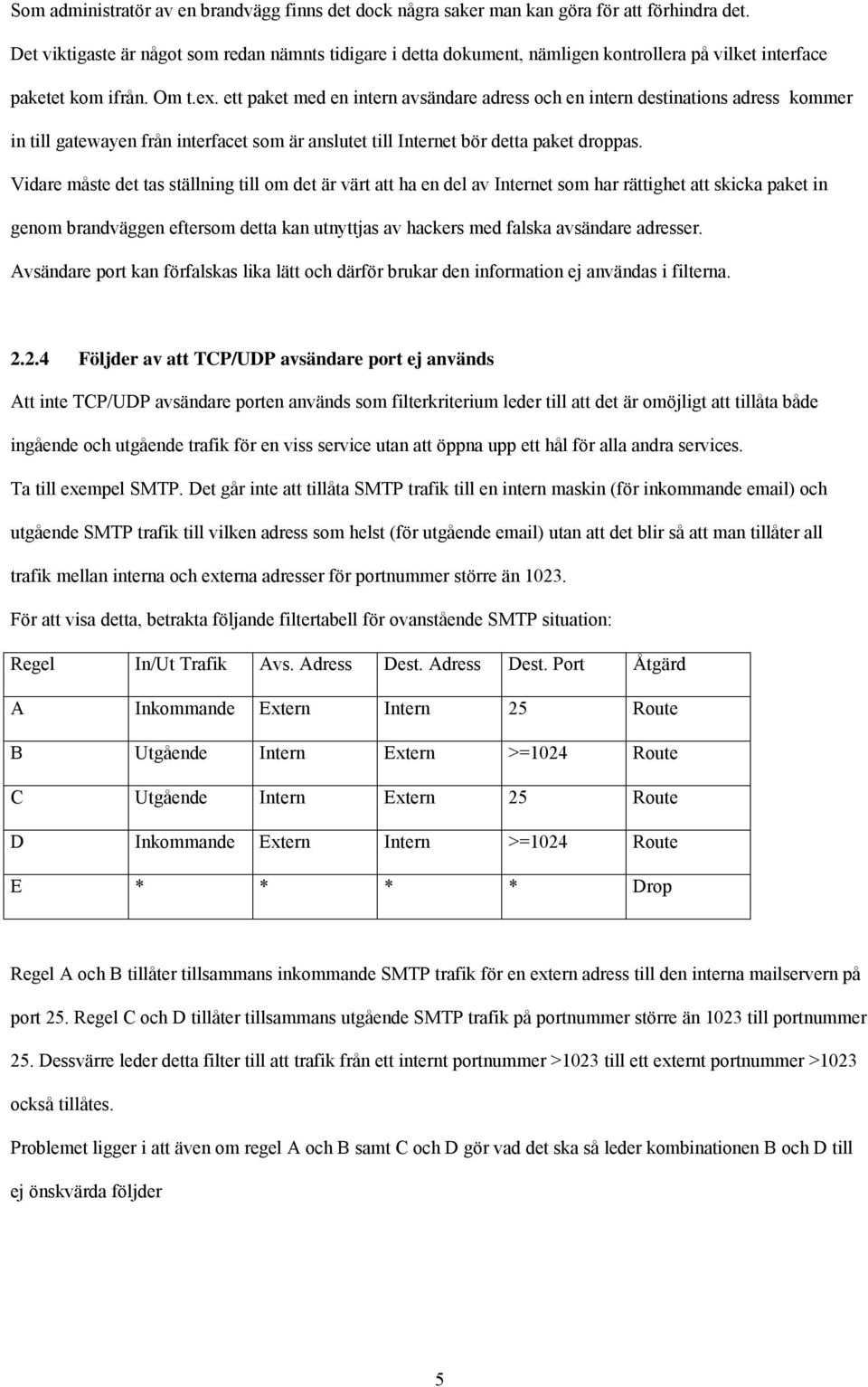 ett paket med en intern avsändare adress och en intern destinations adress kommer in till gatewayen från interfacet som är anslutet till Internet bör detta paket droppas.