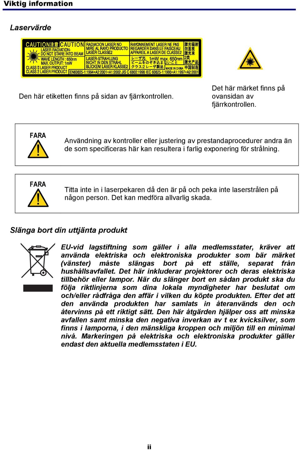 FARA Titta inte in i laserpekaren då den är på och peka inte laserstrålen på någon person. Det kan medföra allvarlig skada.