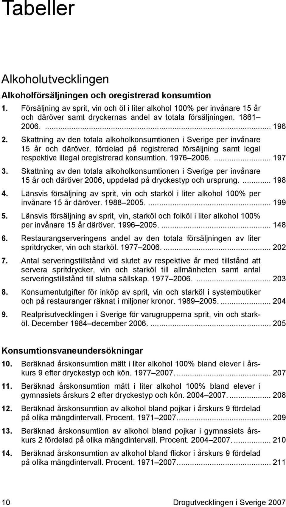 Skattning av den totala alkoholkonsumtionen i Sverige per invånare 15 år och däröver, fördelad på registrerad försäljning samt legal respektive illegal oregistrerad konsumtion. 1976 2006.... 197 3.