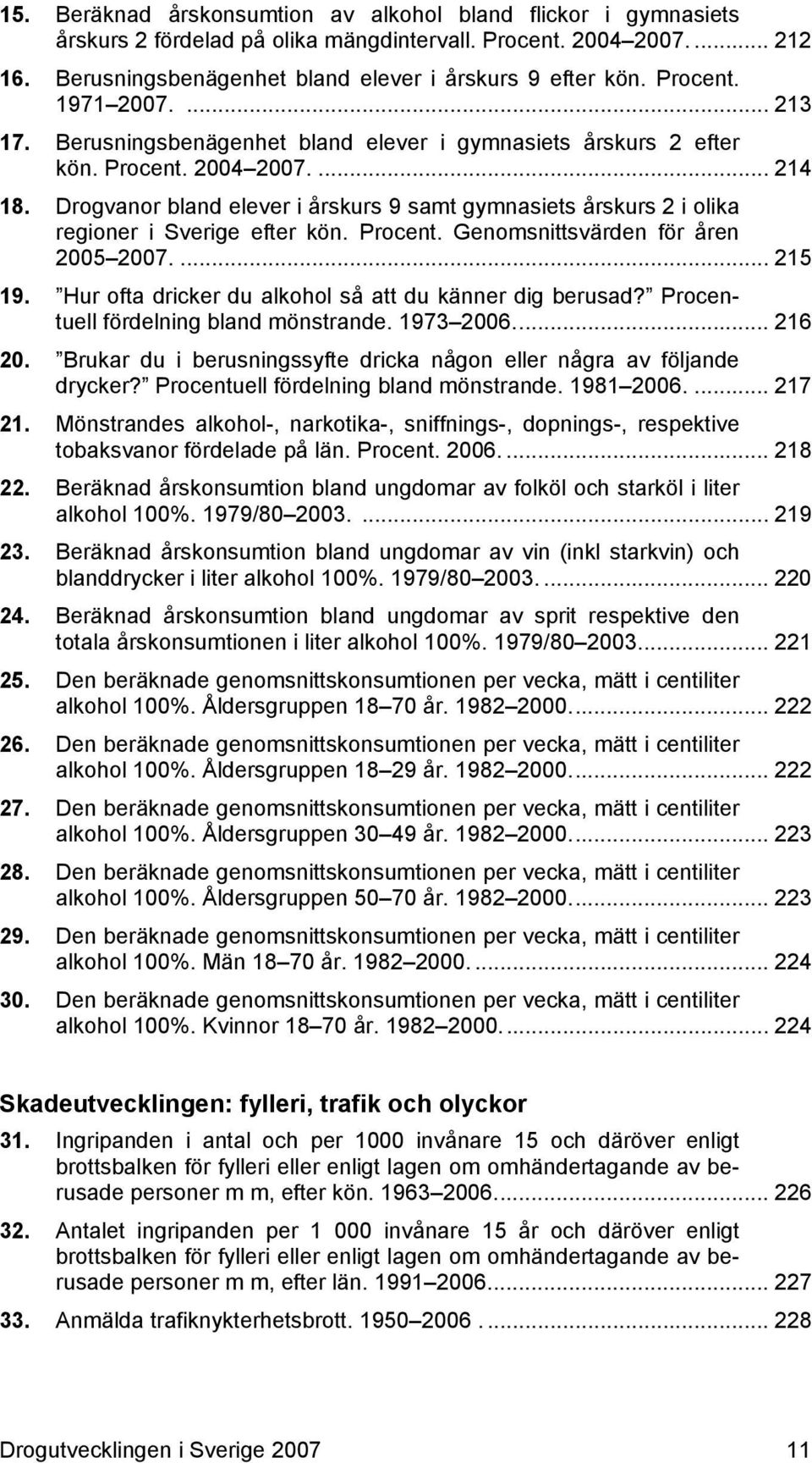 Drogvanor bland elever i årskurs 9 samt gymnasiets årskurs 2 i olika regioner i Sverige efter kön. Procent. Genomsnittsvärden för åren 2005 2007.... 215 19.