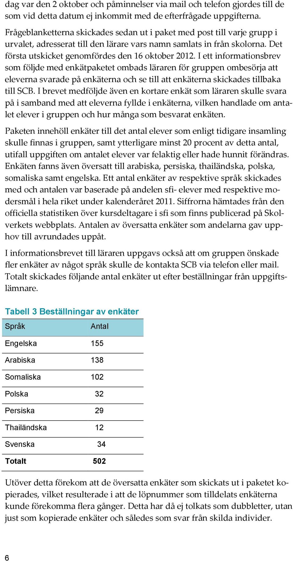 I ett informationsbrev som följde med enkätpaketet ombads läraren för gruppen ombesörja att eleverna svarade på enkäterna och se till att enkäterna skickades tillbaka till SCB.