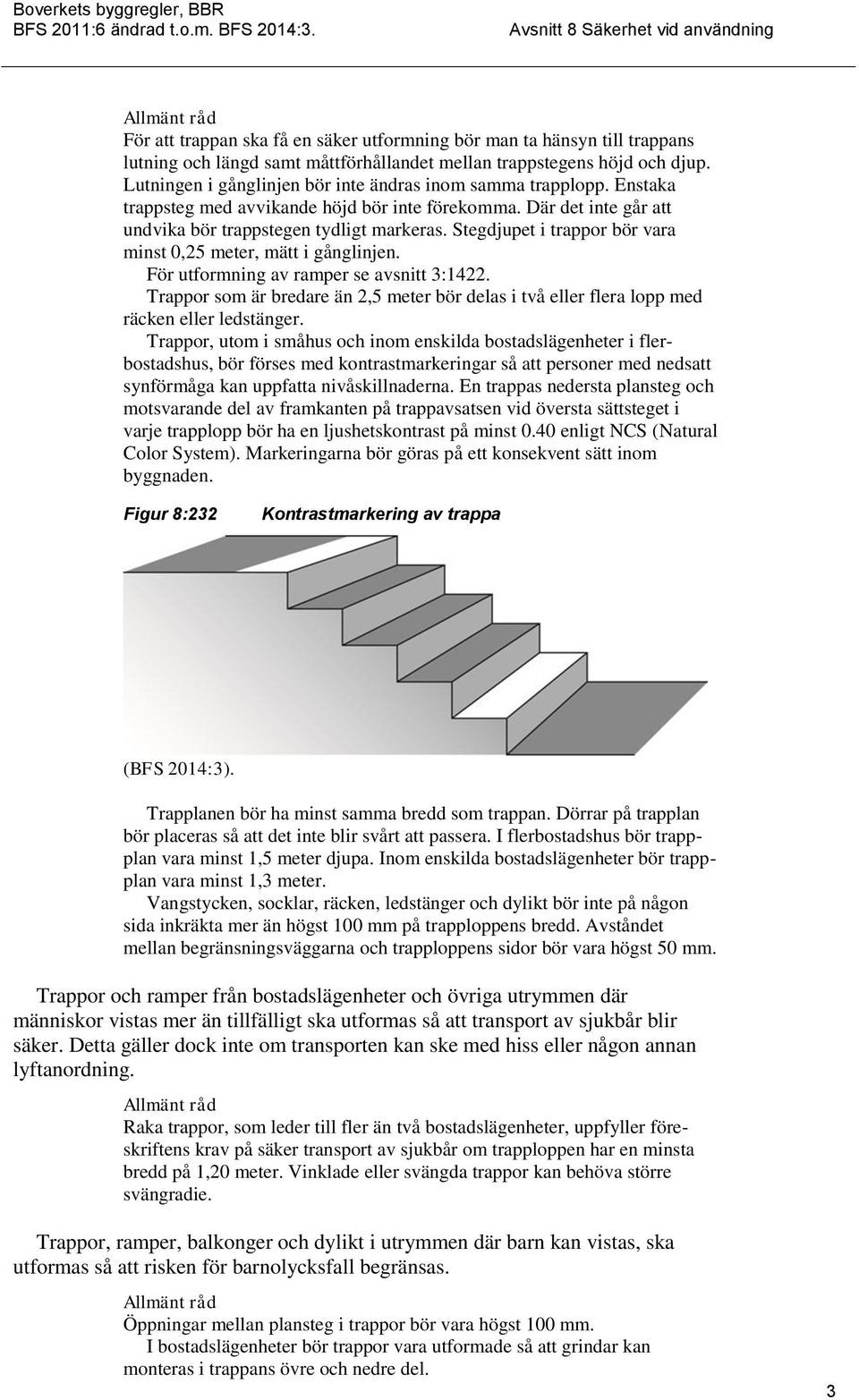Stegdjupet i trappor bör vara minst 0,25 meter, mätt i gånglinjen. För utformning av ramper se avsnitt 3:1422.