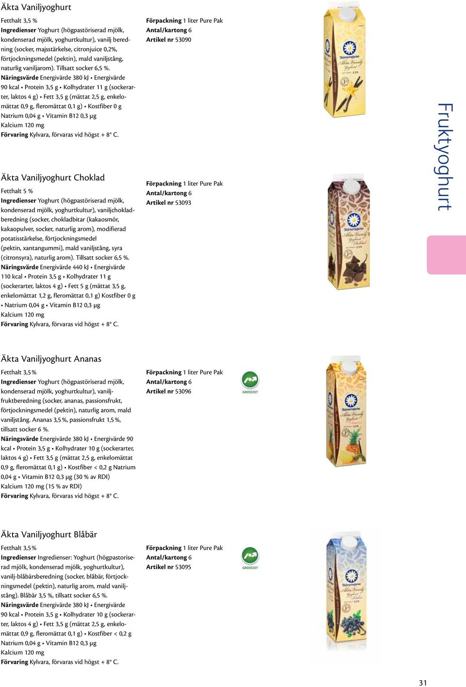 Näringsvärde Energivärde 380 kj Energivärde 90 kcal Protein 3,5 g Kolhydrater 11 g (sockerarter, 0,9 g, fleromättat 0,1 g) Kostfiber 0 g Äkta Vaniljyoghurt Choklad Fetthalt 5 % kondenserad mjölk,