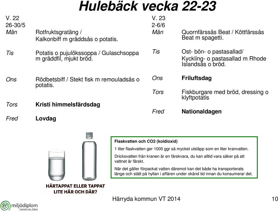 Kristi himmelsfärdsdag Lovdag Friluftsdag Fiskburgare med bröd, dressing o klyftpotatis Nationaldagen Flaskvatten och CO2 (koldioxid) 1 liter flaskvatten ger 1000 ggr så mycket utsläpp som en liter