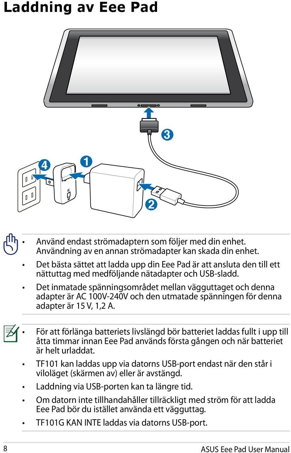 Det inmatade spänningsområdet mellan vägguttaget och denna adapter är AC 100V-240V och den utmatade spänningen för denna adapter är 15 V, 1,2 A.