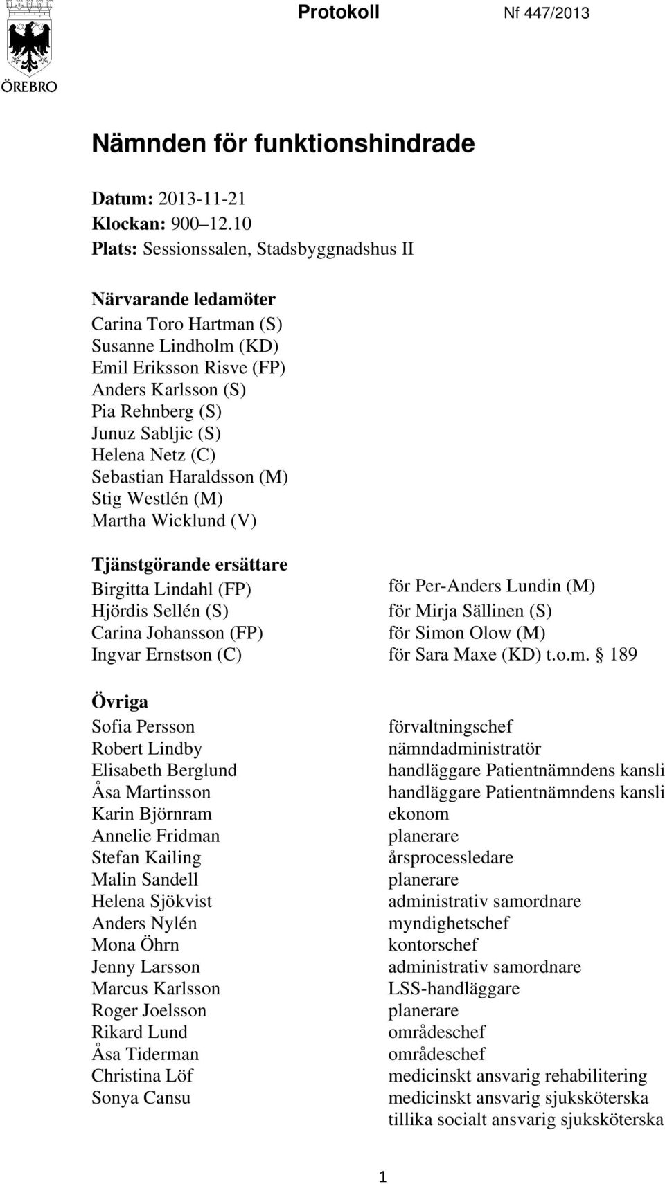 Netz (C) Sebastian Haraldsson (M) Stig Westlén (M) Martha Wicklund (V) Tjänstgörande ersättare Birgitta Lindahl (FP) för Per-Anders Lundin (M) Hjördis Sellén (S) för Mirja Sällinen (S) Carina