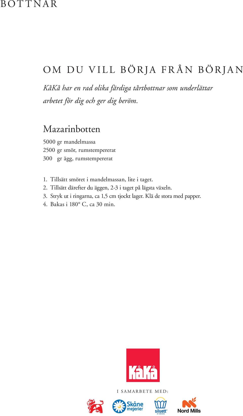 Mazarinbotten 5000 gr mandelmassa 2500 gr smör, rumstempererat 300 gr ägg, rumstempererat 1.