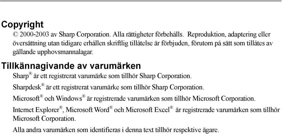 Tillkännagivande av varumärken Sharp är ett registrerat varumärke som tillhör Sharp Corporation. Sharpdesk är ett registrerat varumärke som tillhör Sharp Corporation.