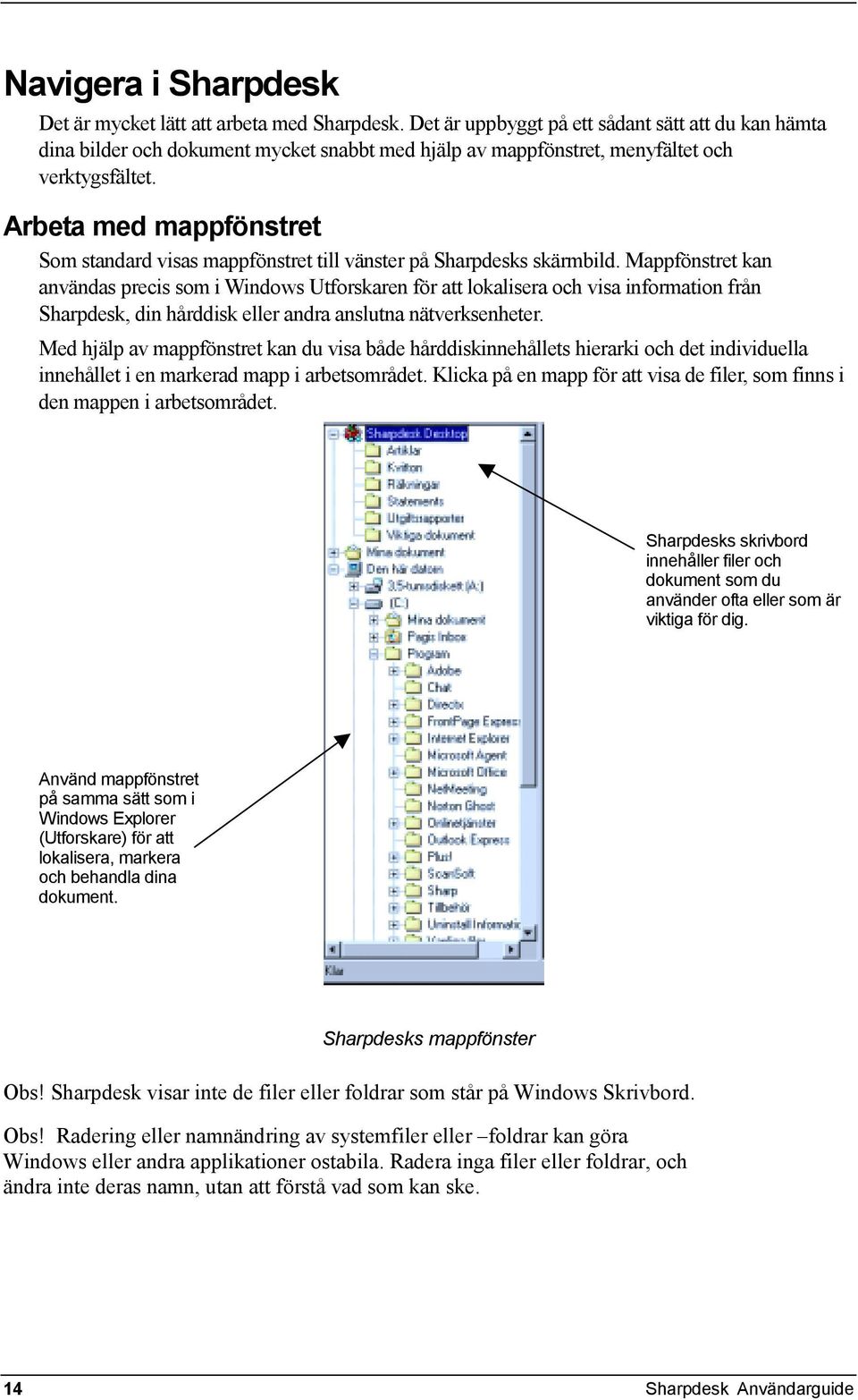 Arbeta med mappfönstret Som standard visas mappfönstret till vänster på Sharpdesks skärmbild.