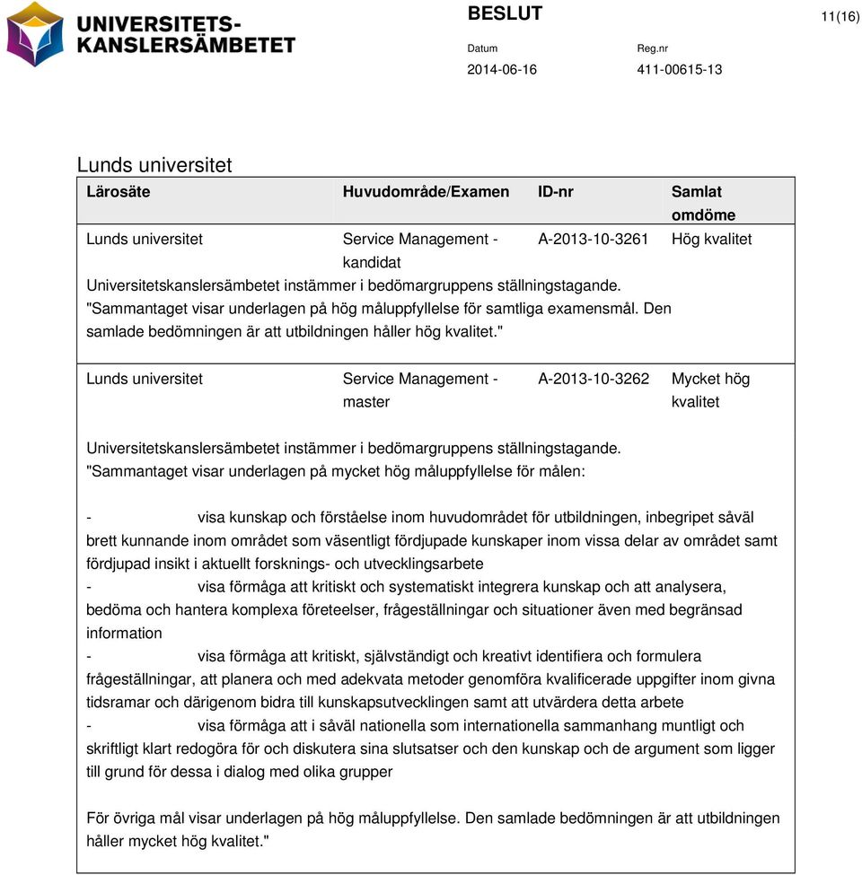 " Lunds universitet Service Management - master A-2013-10-3262 Mycket hög kvalitet Universitetskanslersämbetet instämmer i bedömargruppens ställningstagande.
