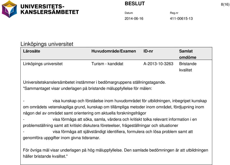 "Sammantaget visar underlagen på bristande måluppfyllelse för målen: - visa kunskap och förståelse inom huvudområdet för utbildningen, inbegripet kunskap om områdets vetenskapliga grund, kunskap om