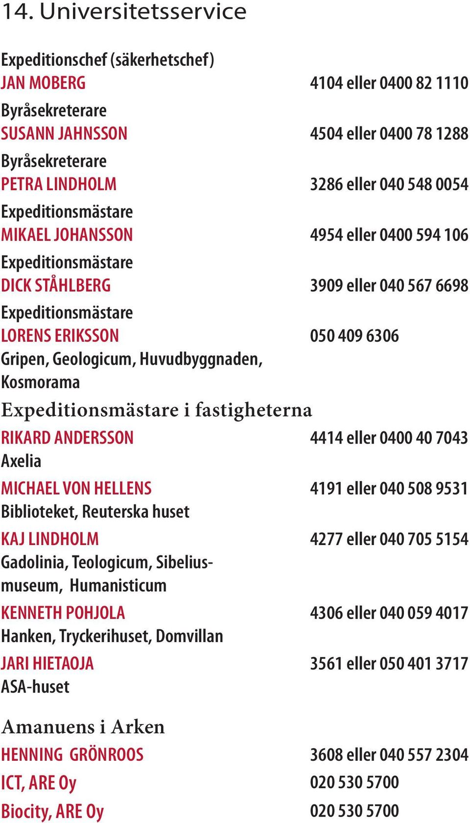 Huvudbyggnaden, Kosmorama Expeditionsmästare i fastigheterna RIKARD ANDERSSON 4414 eller 0400 40 7043 Axelia MICHAEL VON HELLENS 4191 eller 040 508 9531 Biblioteket, Reuterska huset KAJ LINDHOLM 4277