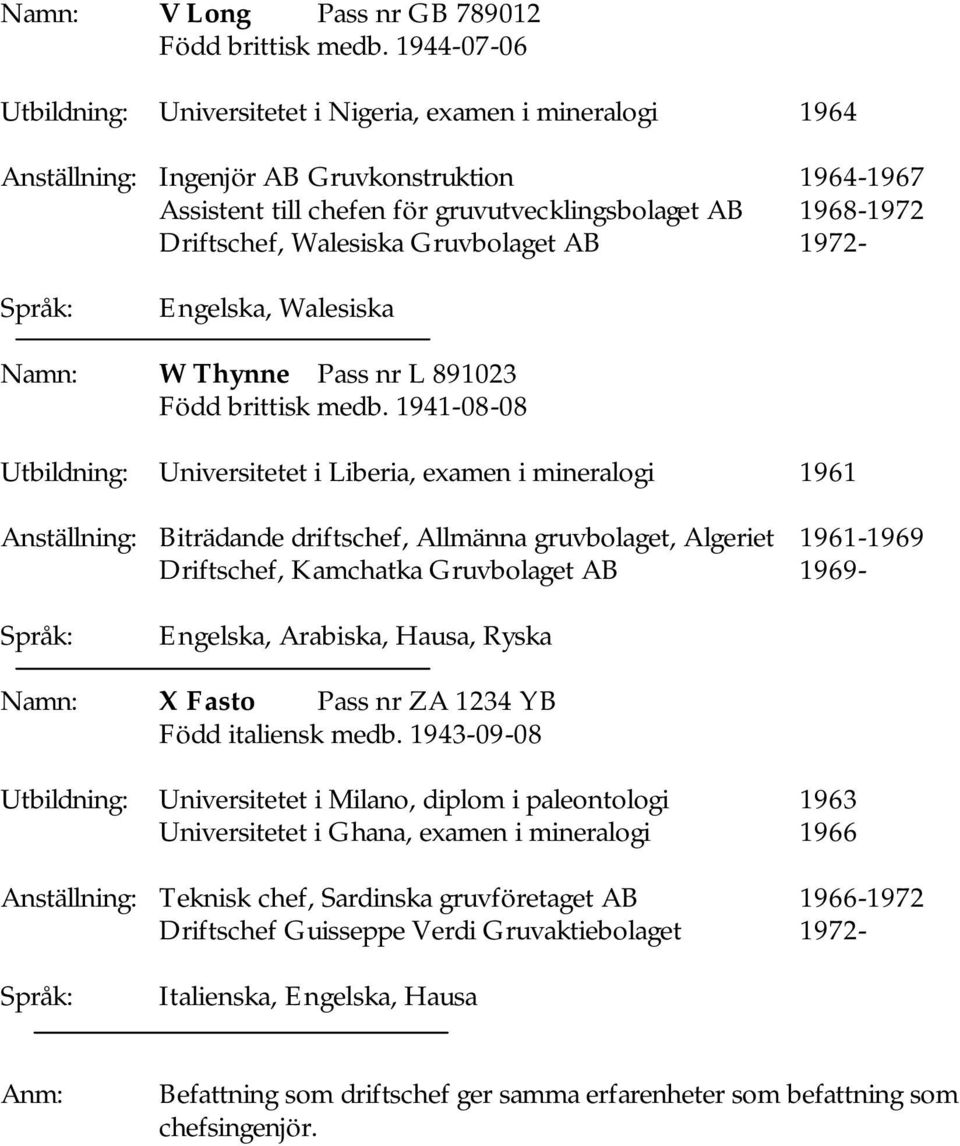 Walesiska Gruvbolaget AB 1972- Engelska, Walesiska Namn: W Thynne Pass nr L 891023 Född brittisk medb.