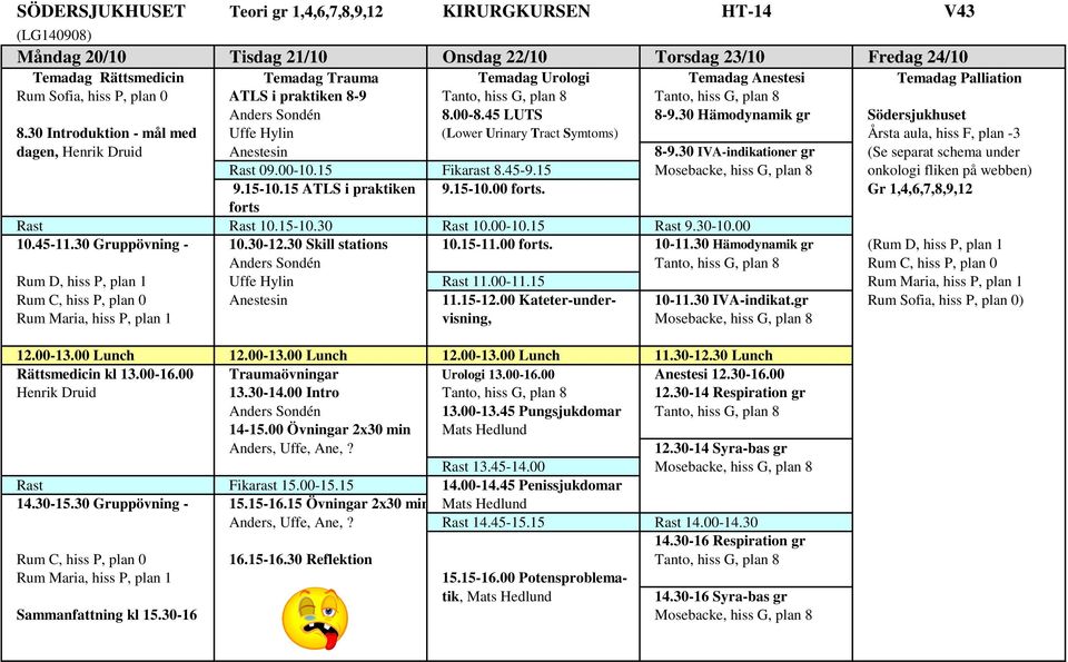 30 Introduktion - mål med Uffe Hylin (Lower Urinary Tract Symtoms) Årsta aula, hiss F, plan -3 dagen, Henrik Druid Anestesin 8-9.30 IVA-indikationer gr (Se separat schema under Rast 09.00-10.