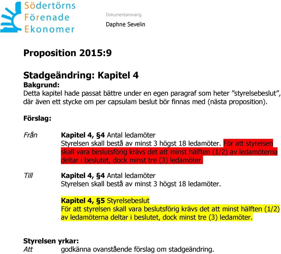 För att styrelsen skall vara beslutsförig krävs det att minst hälften (1/2) av ledamöterna deltar i beslutet, dock minst tre (3) ledamöter.