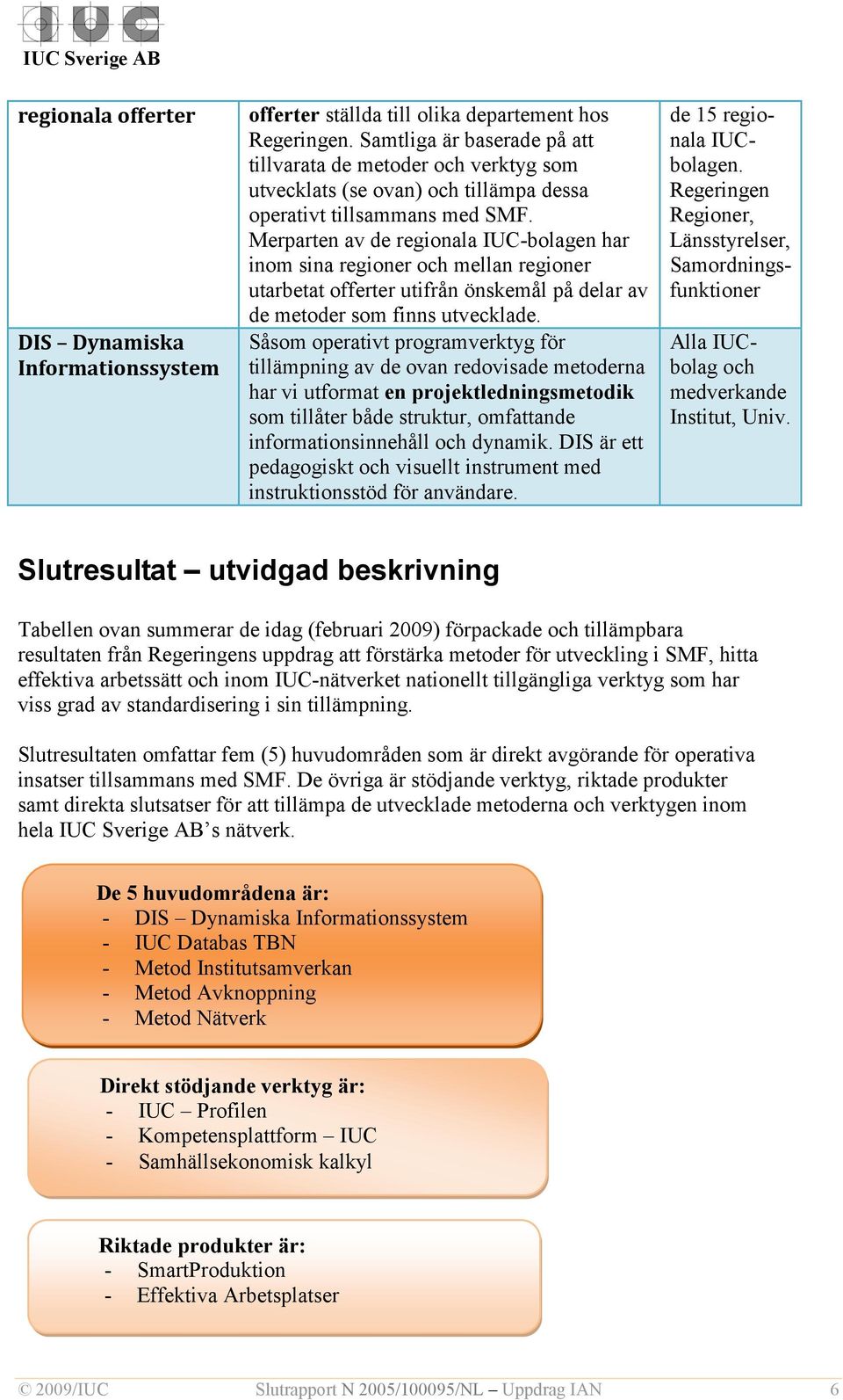 Merparten av de regionala IUC-bolagen har inom sina regioner och mellan regioner utarbetat offerter utifrån önskemål på delar av de metoder som finns utvecklade.