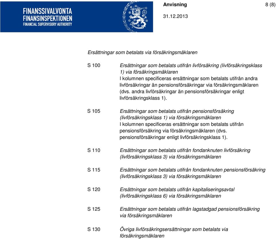 Ersättningar som betalats utifrån pensionsförsäkring (livförsäkringsklass 1) via I kolumnen specificeras ersättningar som betalats utifrån pensionsförsäkring via (dvs.