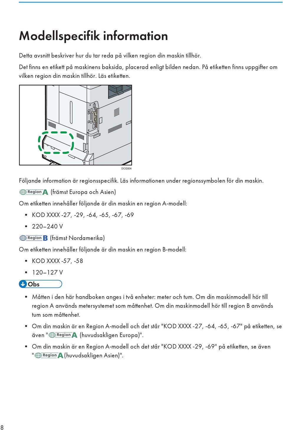 (främst Europa och Asien) Om etiketten innehåller följande är din maskin en region A-modell: KOD XXXX -27, -29, -64, -65, -67, -69 220 240 V (främst Nordamerika) Om etiketten innehåller följande är