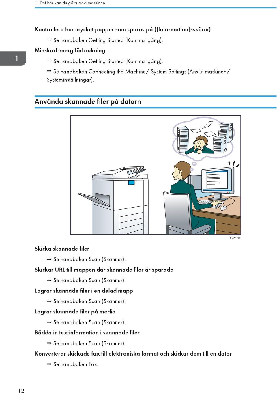 Använda skannade filer på datorn BQX138S Skicka skannade filer Se handboken Scan (Skanner). Skickar URL till mappen där skannade filer är sparade Se handboken Scan (Skanner).