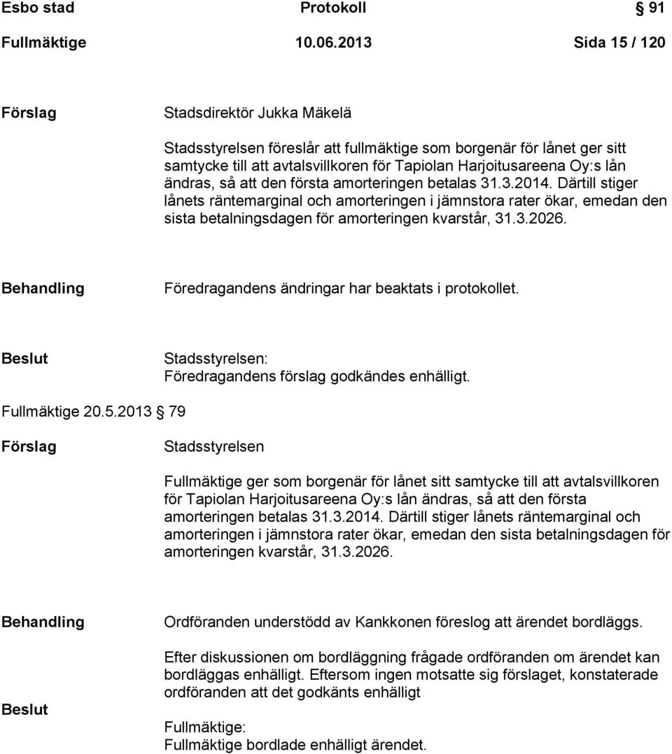 ändras, så att den första amorteringen betalas 31.3.2014. Därtill stiger lånets räntemarginal och amorteringen i jämnstora rater ökar, emedan den sista betalningsdagen för amorteringen kvarstår, 31.3.2026.