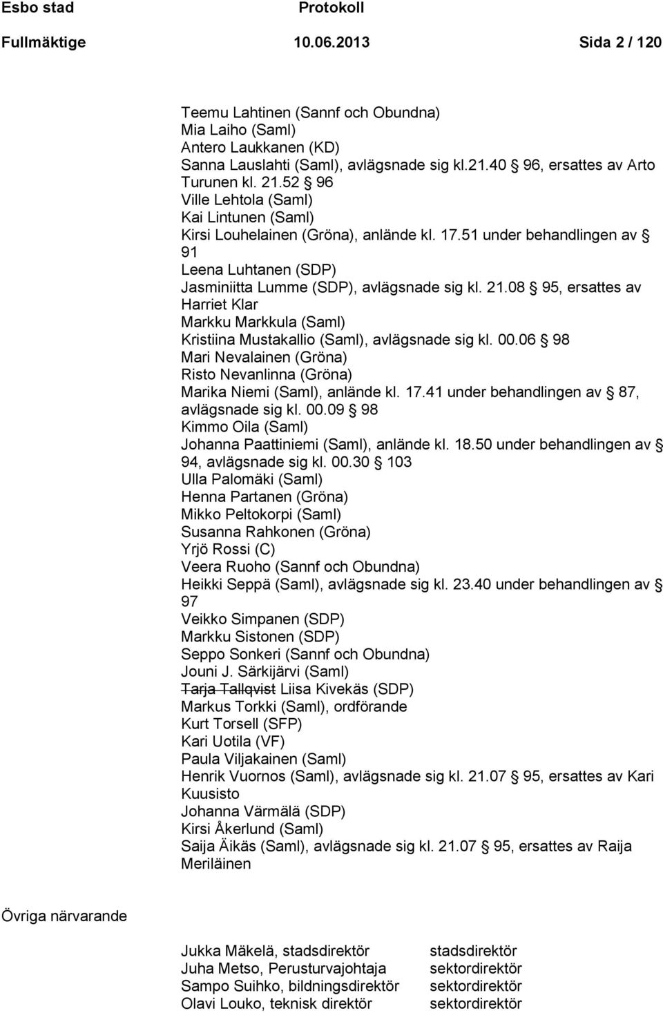 51 under behandlingen av 91 Leena Luhtanen (SDP) Jasminiitta Lumme (SDP), avlägsnade sig kl. 21.08 95, ersattes av Harriet Klar Markku Markkula (Saml) Kristiina Mustakallio (Saml), avlägsnade sig kl.