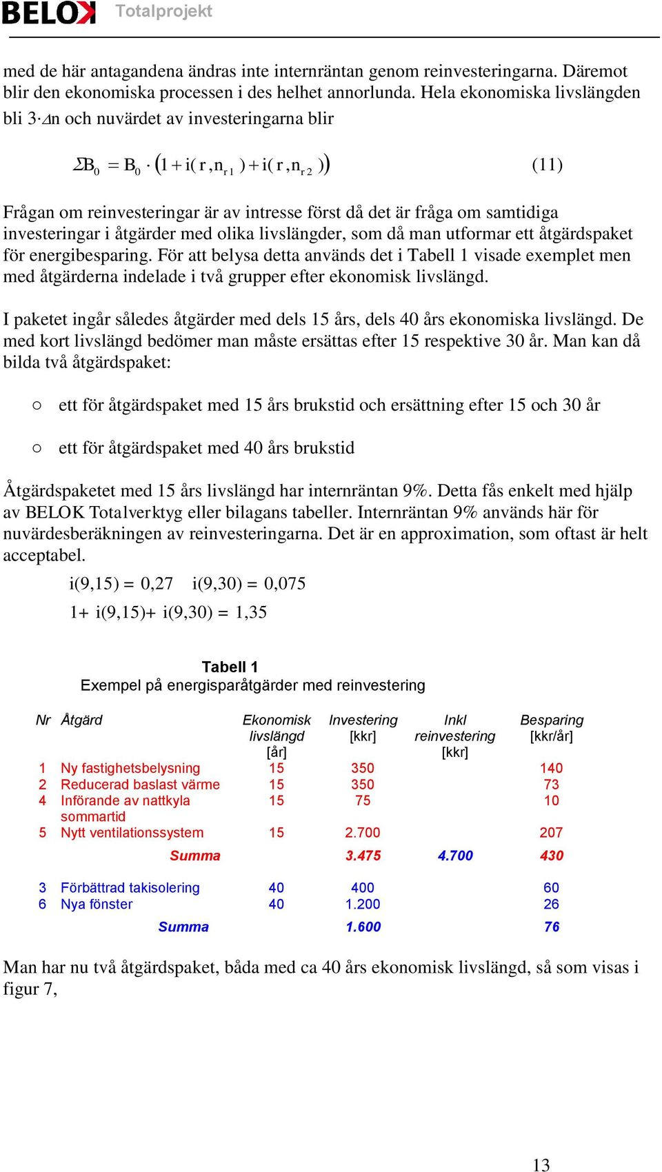 livslängder, som då man utformar ett åtgärdspaket för energibesparing. För att belysa detta används det i Tabell 1 visade exemplet men med åtgärderna indelade i två grupper efter ekonomisk livslängd.